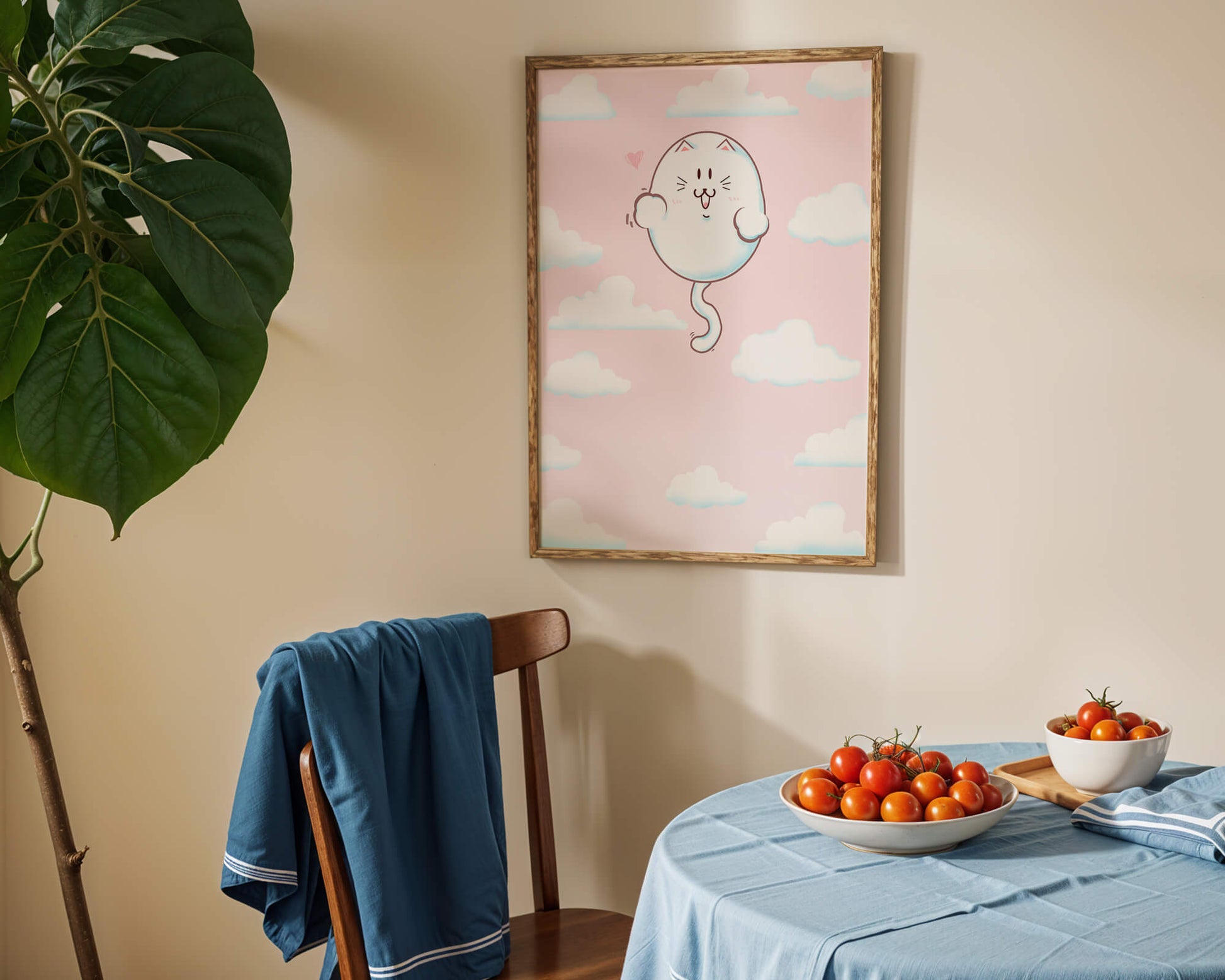 Gato flotante caprichoso en un cielo pastel con nubes esponjosas