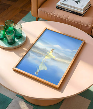 Woman in yellow dress standing on reflective water against clear sky