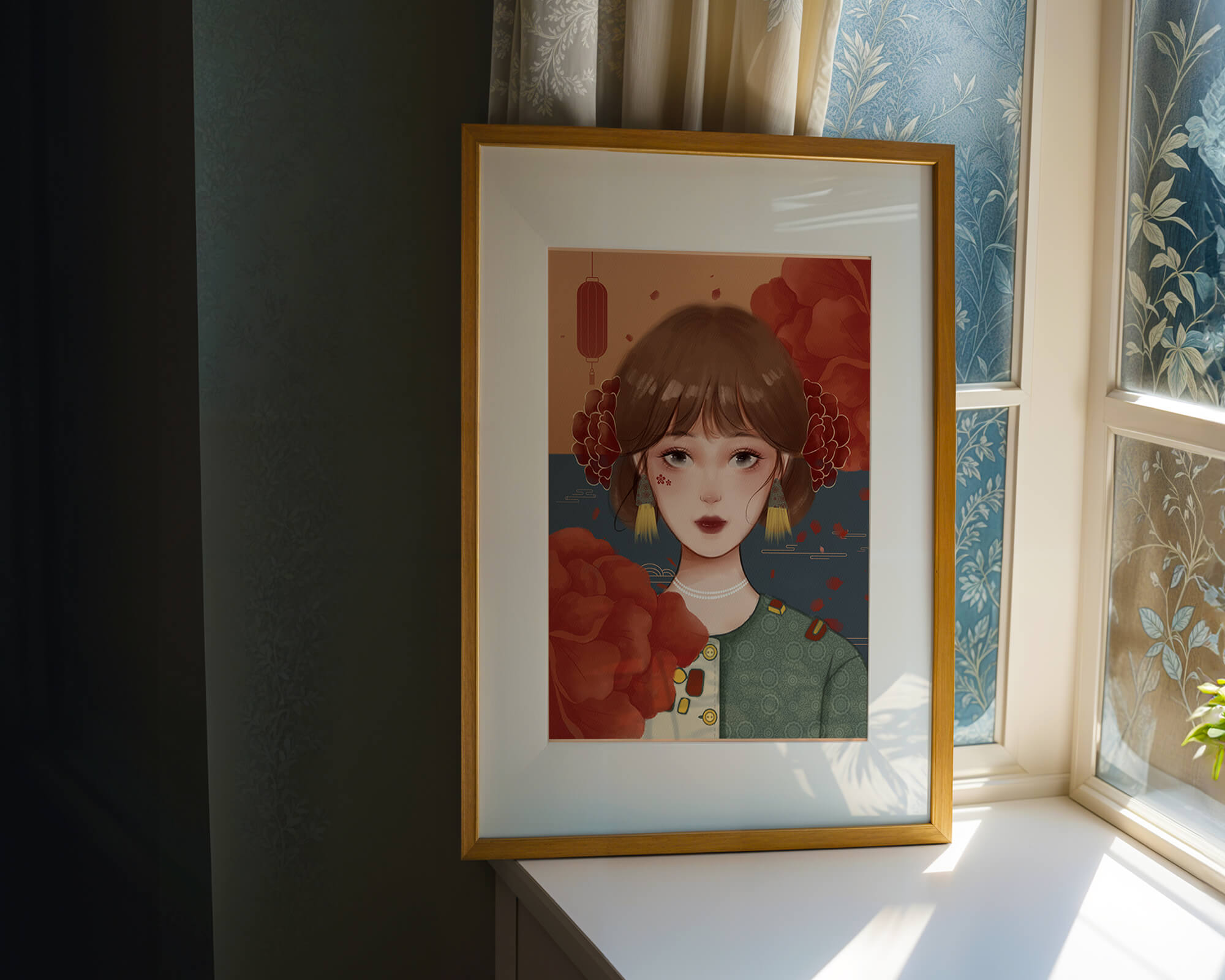 Illustration of a woman adorned with floral elements and traditional accessories