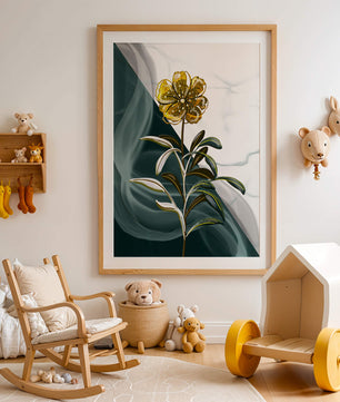Abstract floral design featuring a golden flower with textured leaves