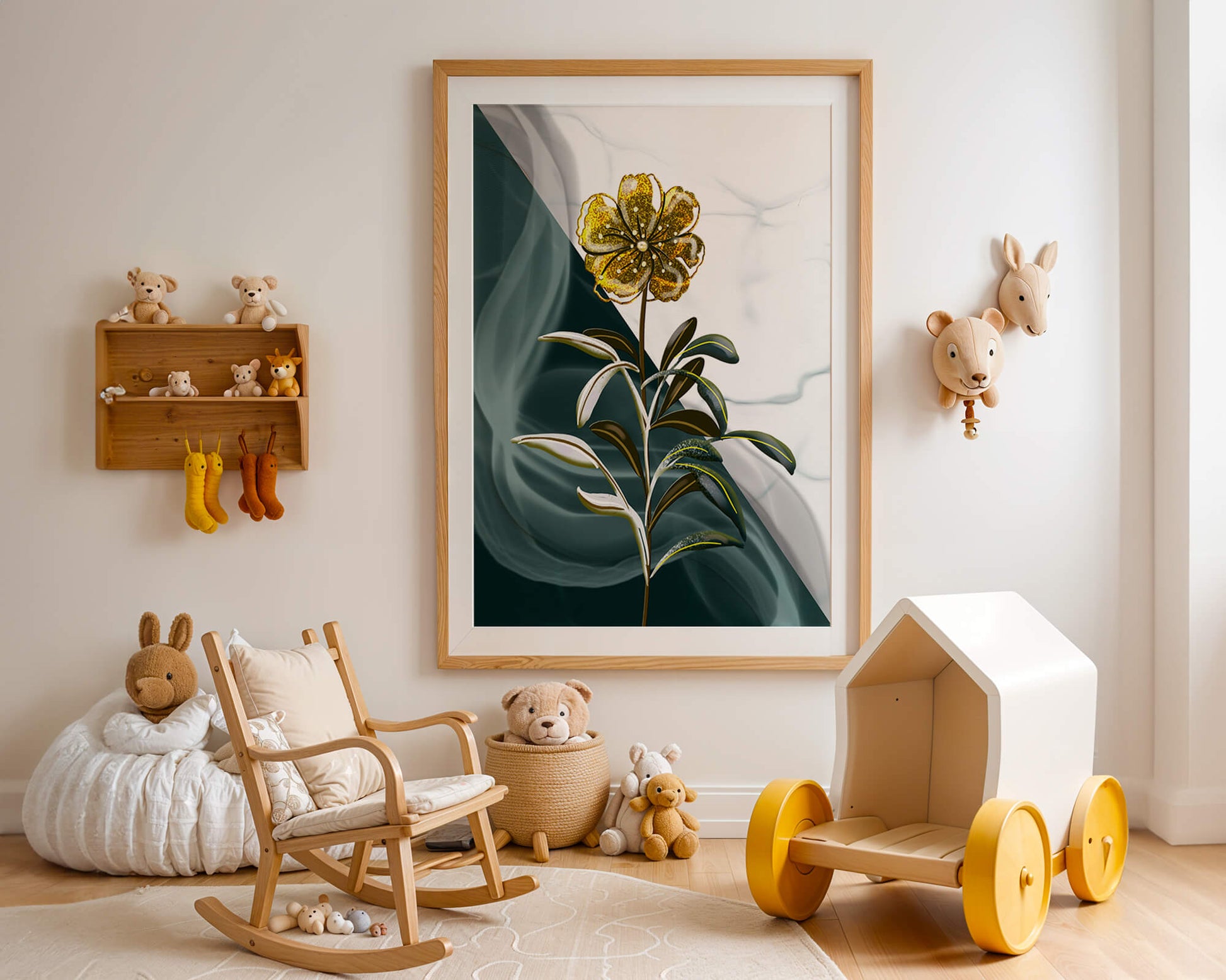 Abstract floral design featuring a golden flower with textured leaves