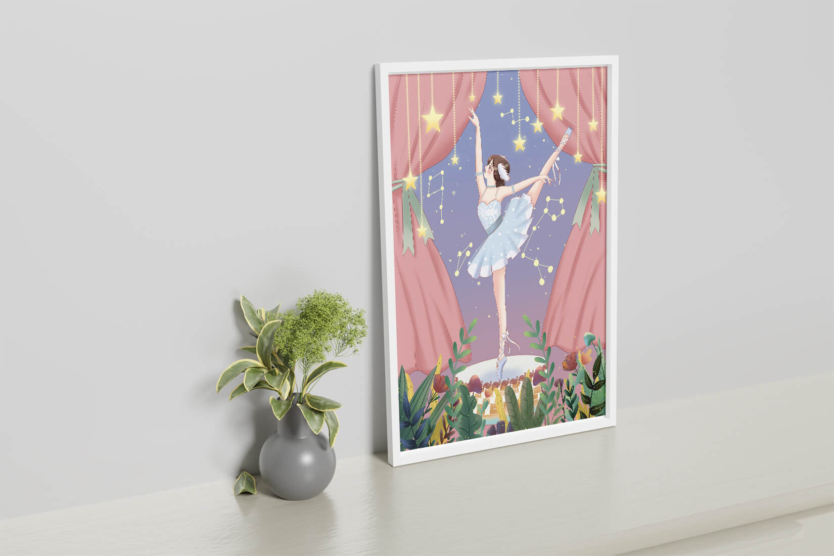 Graceful ballerina performing under starry sky on stage