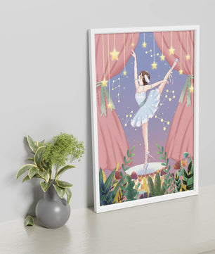 Graceful ballerina performing under starry sky on stage