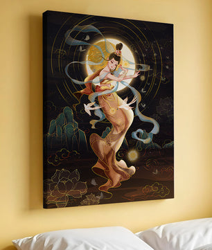 Elegant celestial dancer with gold elements in an ethereal fantasy scene