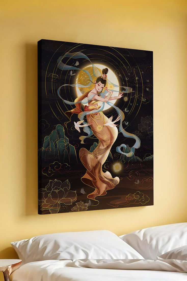 Elegant celestial dancer with gold elements in an ethereal fantasy scene