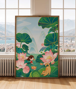 Escena serena con flores de loto, montañas y un gato juguetón