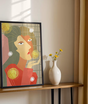 Abstract portrait artwork with geometric forms and gold accents