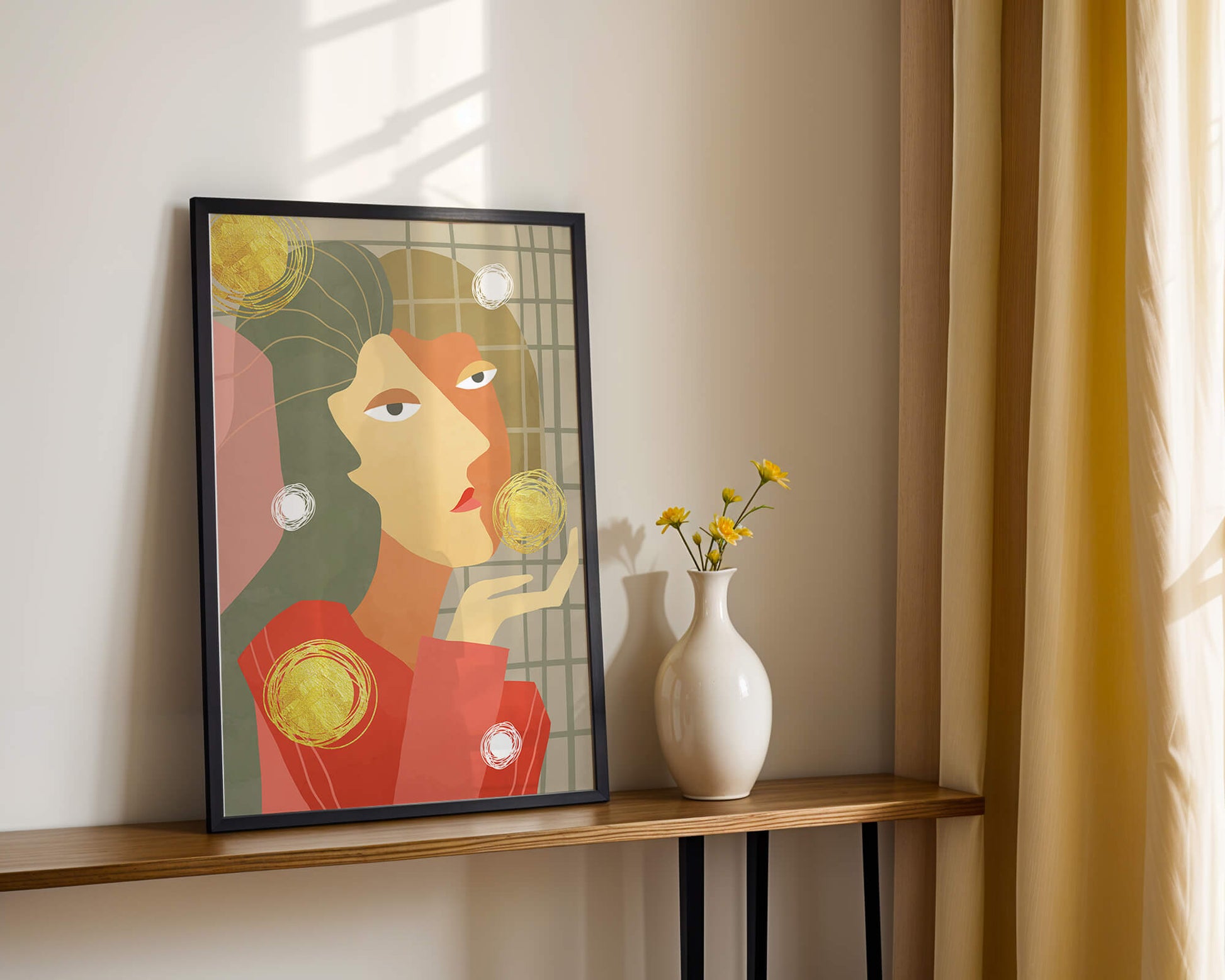 Abstract portrait artwork with geometric forms and gold accents