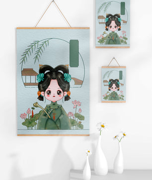 Charming illustration of a cute character in traditional Asian attire with floral elements