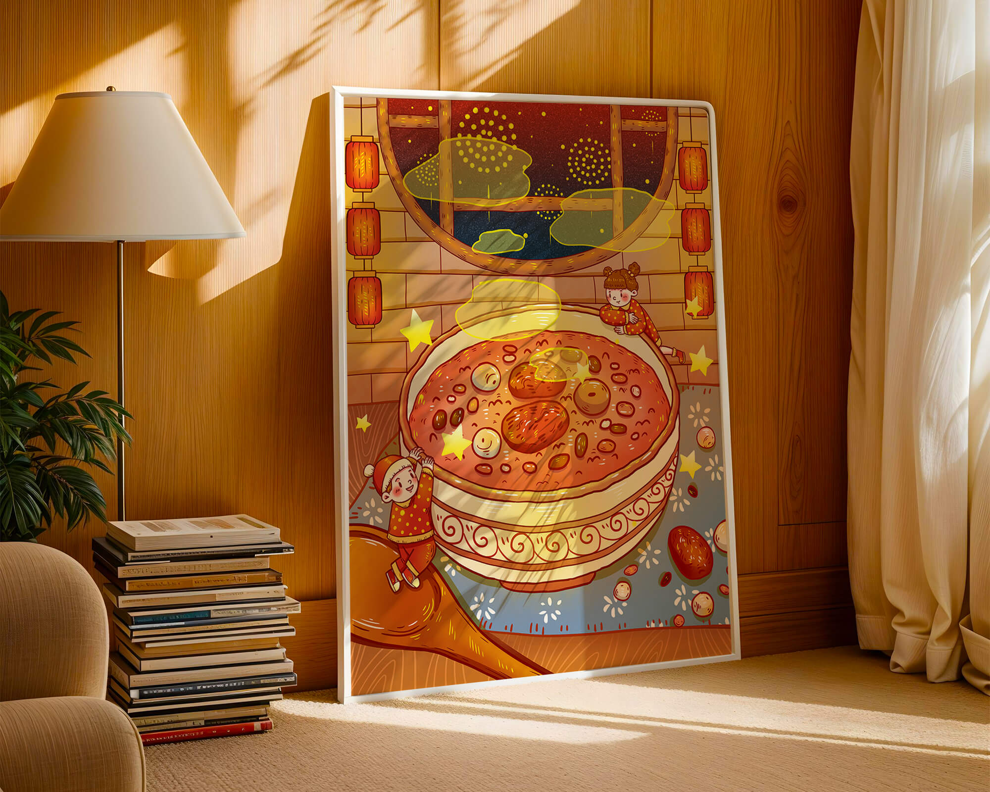 Cozy festive scene with children, a large bowl of soup, and lanterns