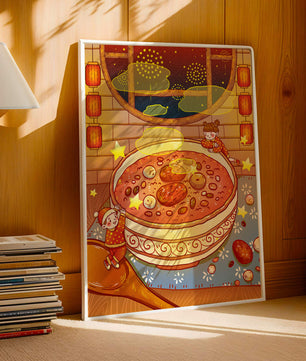 Scène festive et chaleureuse avec des enfants, un grand bol de soupe et des lanternes