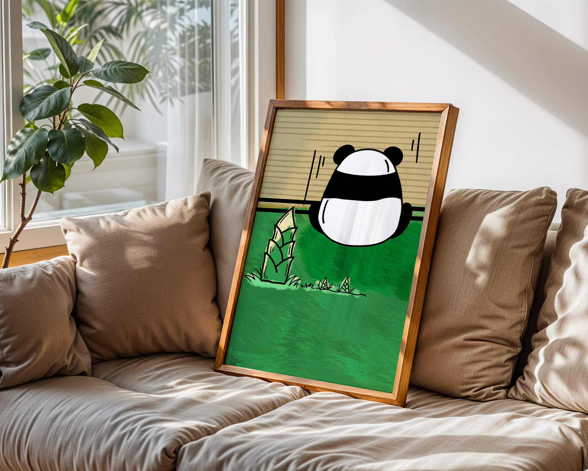 Whimsical panda in a green bamboo forest background