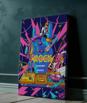 Ilustración temática vibrante de música rock con instrumentos y artistas