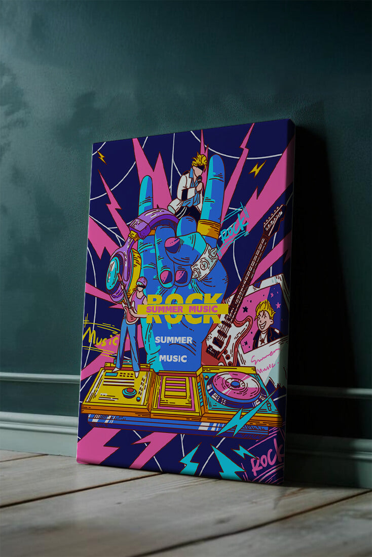 Ilustración temática vibrante de música rock con instrumentos y artistas
