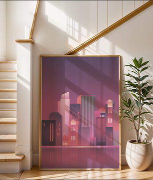 Modern Abstract Cityscape at Sunset with Reflective Water - Mi tienda