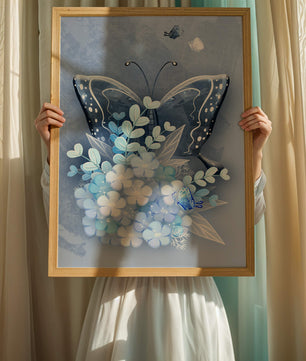 Elegant butterfly with blue floral arrangement artwork