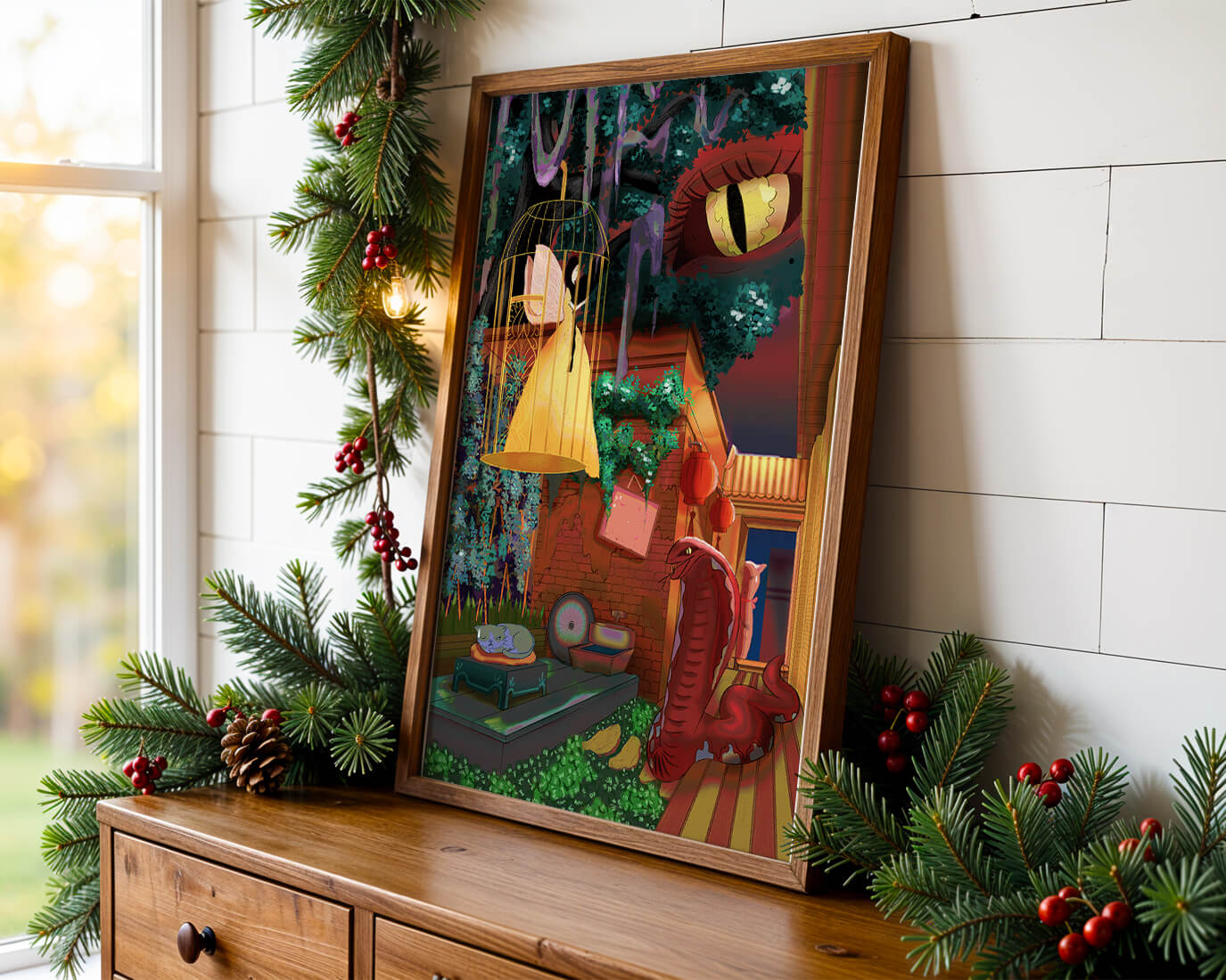 Enchanted garden with fairy, snake, and mysterious elements