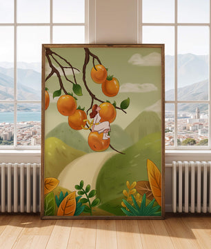 Femme assise sur un fruit orange dans un paysage surréaliste