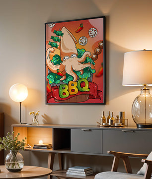 Calamar a la parrilla estilo caricatura peculiar con vegetales