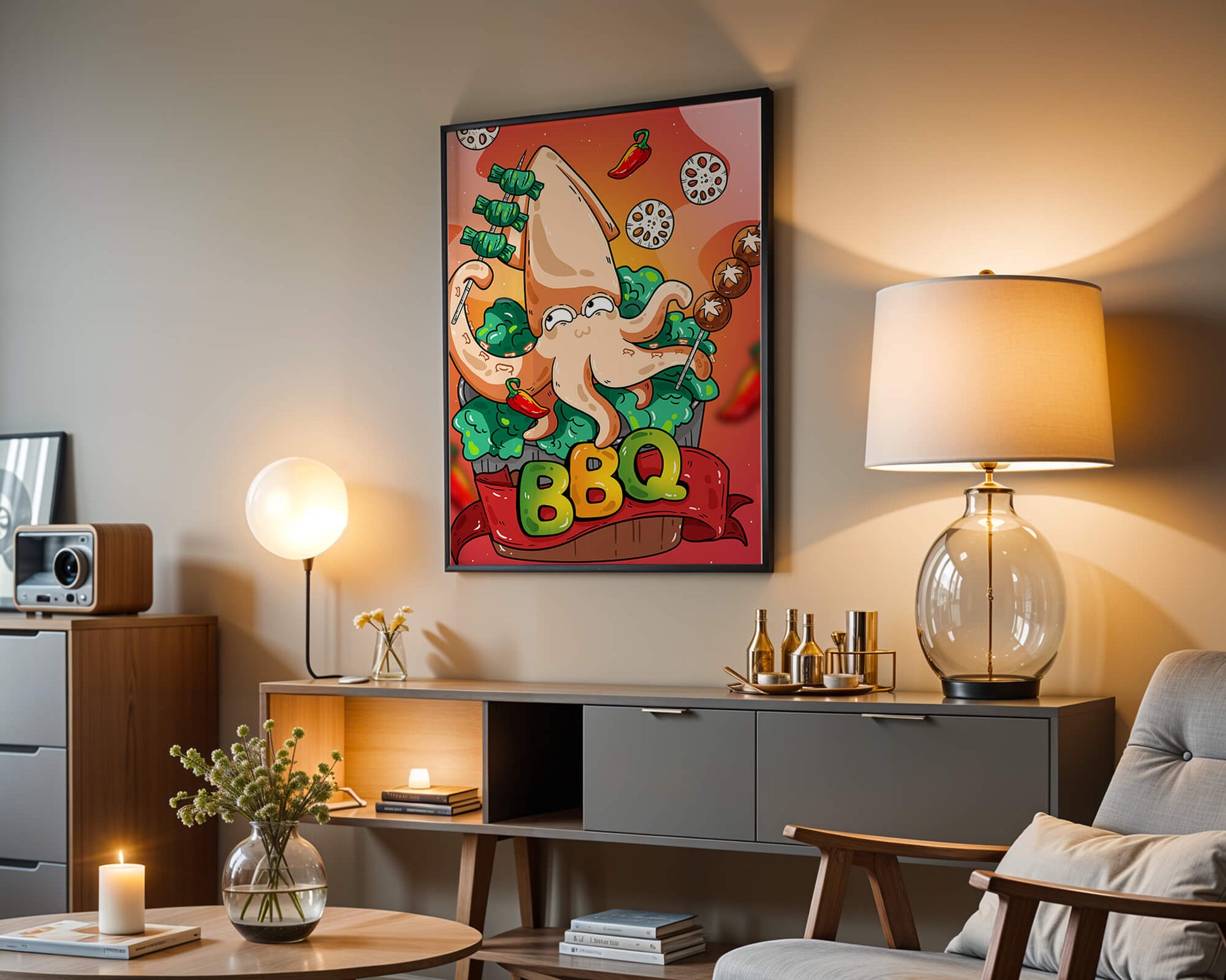 Quirky Cartoon Squid BBQ with Vegetables