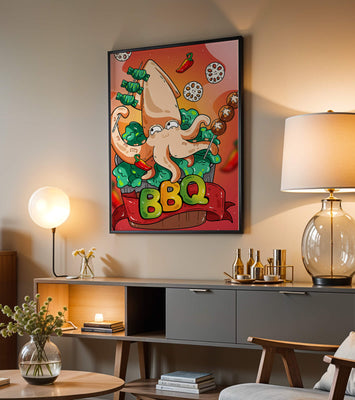 Quirky Cartoon Squid BBQ with Vegetables