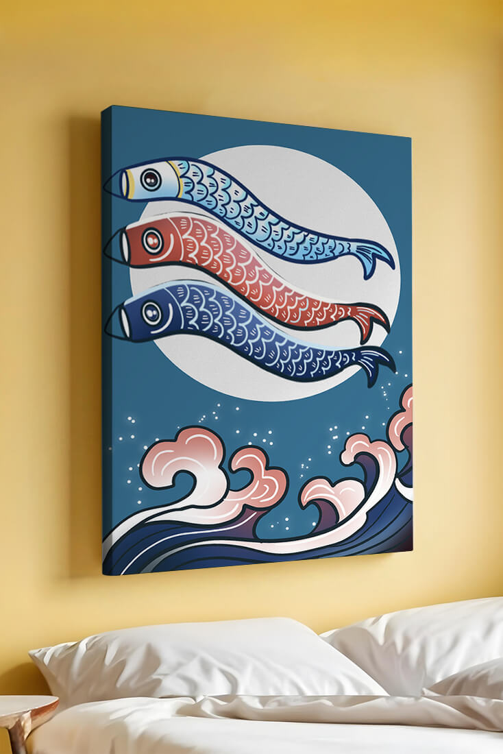 Colorful koi fish kites against a full moon with ocean waves