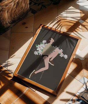 Illustration of a woman sitting on a stool surrounded by flowers