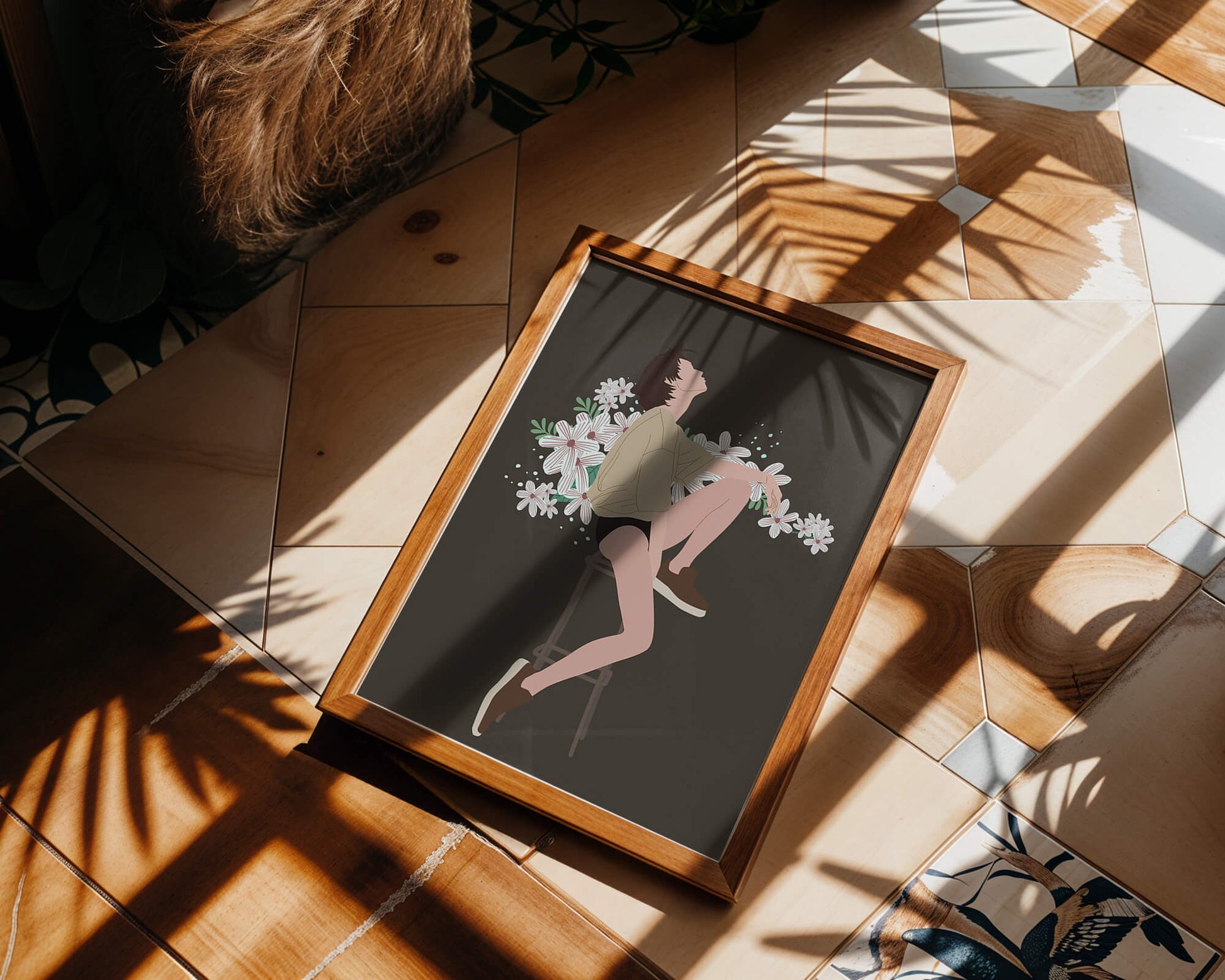 Illustration of a woman sitting on a stool surrounded by flowers