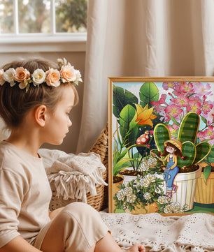 Charmante scène de jardin avec une jeune fille et des fleurs éclatantes