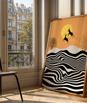 Abstract landscape with jumping deer and golden sun