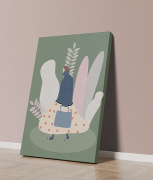 Illustrated woman in polka dot skirt with leafy background design