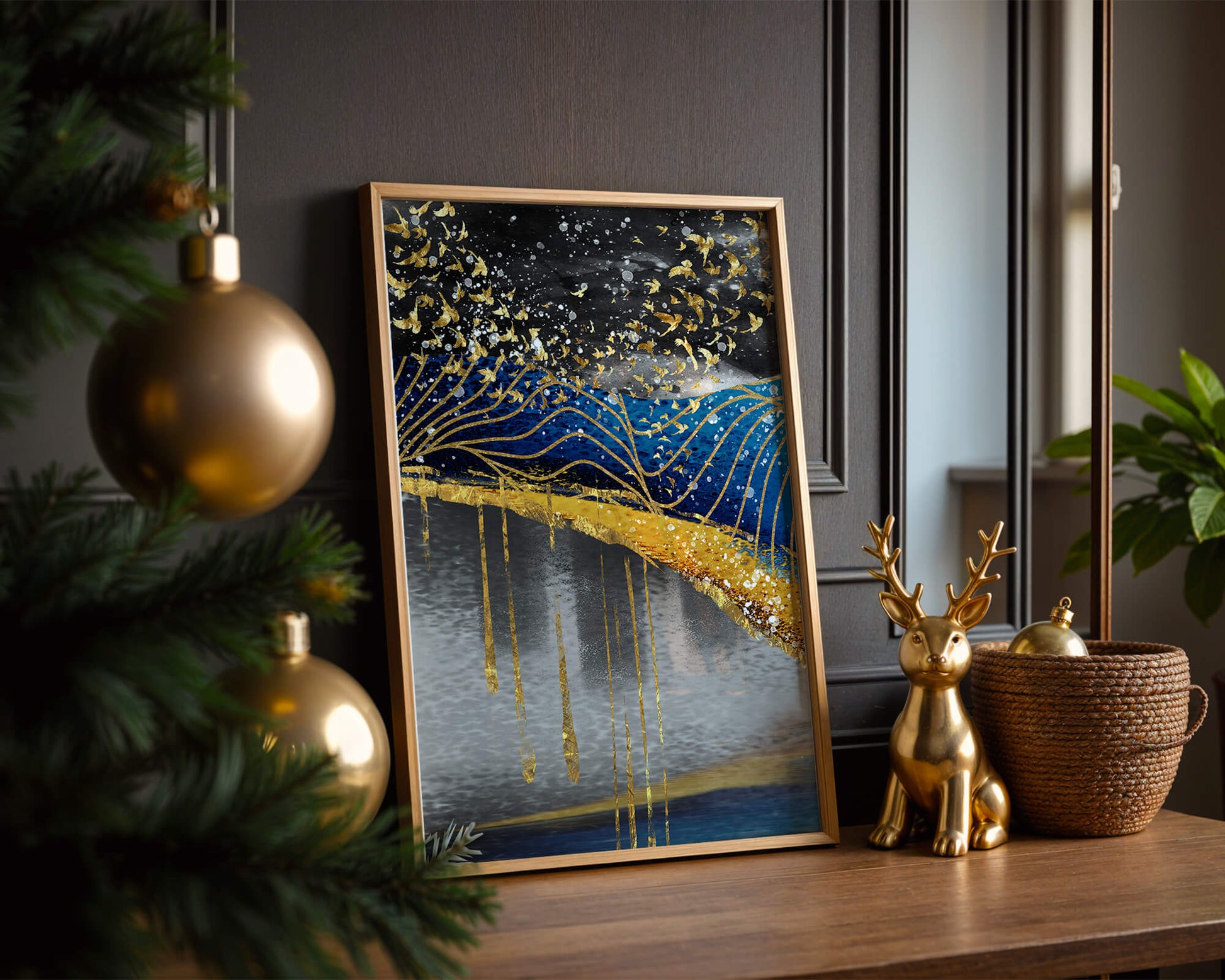 Abstract Night Sky With Golden Birds And Waves