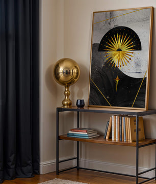 Abstract cosmic design featuring golden sunburst and celestial elements