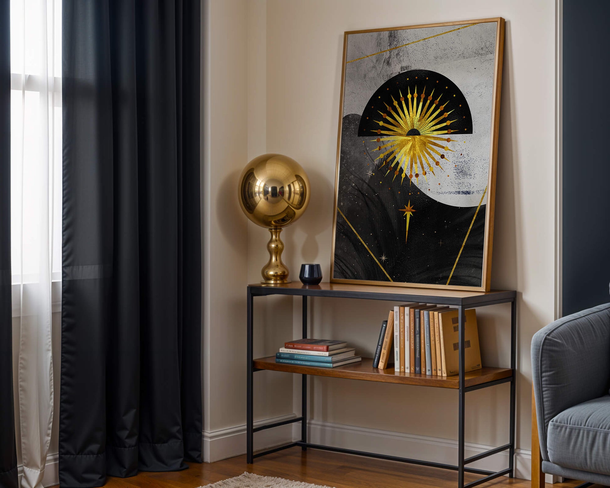 Abstract cosmic design featuring golden sunburst and celestial elements