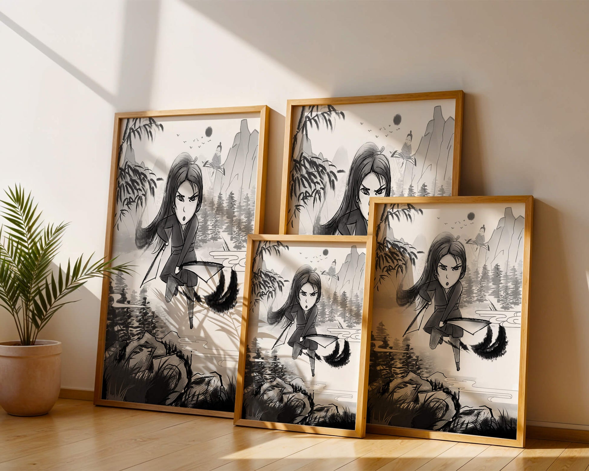 Warrior In A Mystical Landscape With Mountains And Rivers