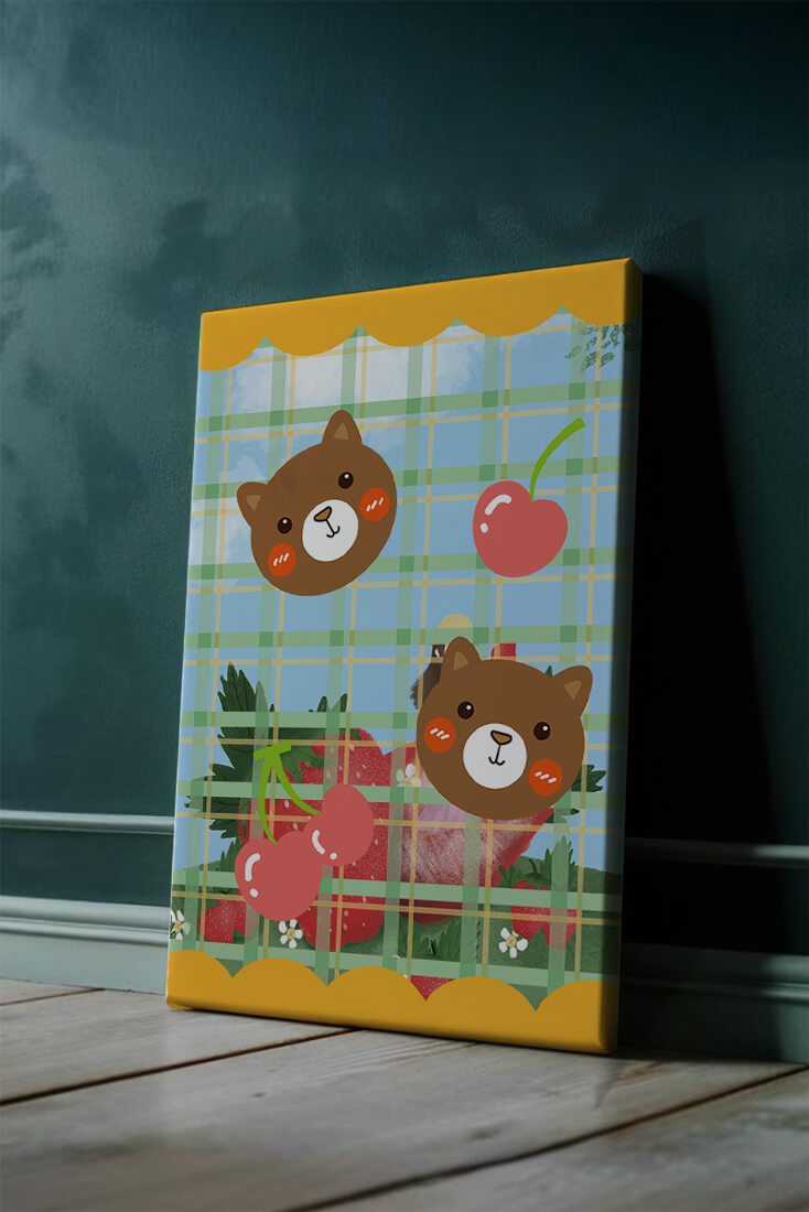 Playful bear and cherry pattern with plaid background