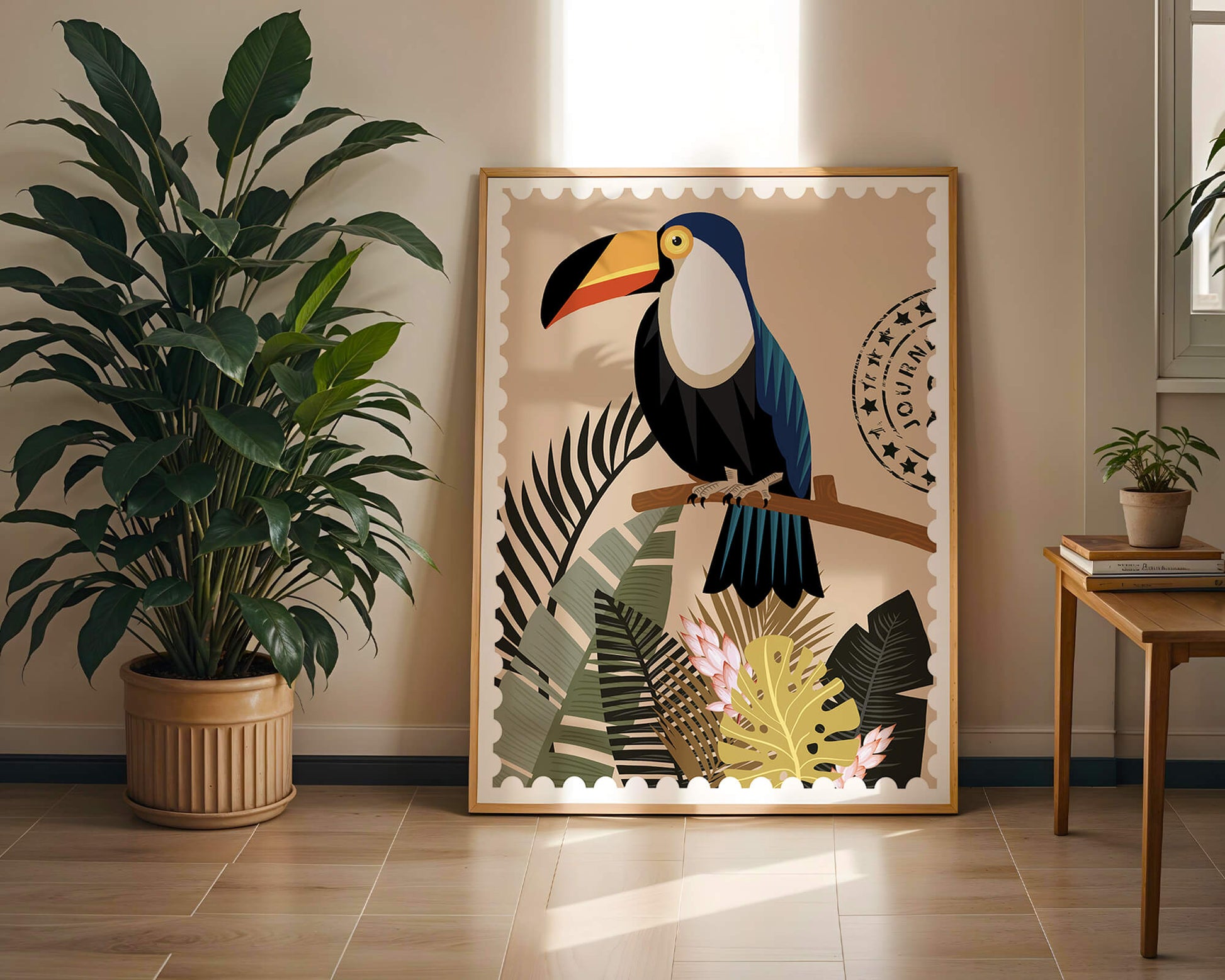 Colorful Toucan Surrounded by Tropical Leaves with Travel Stamp