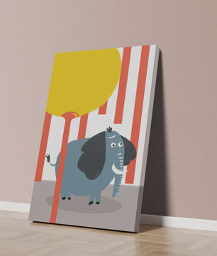 Illustration eines verspielten Elefanten mit einem gelben Ballon in abstrakter Umgebung