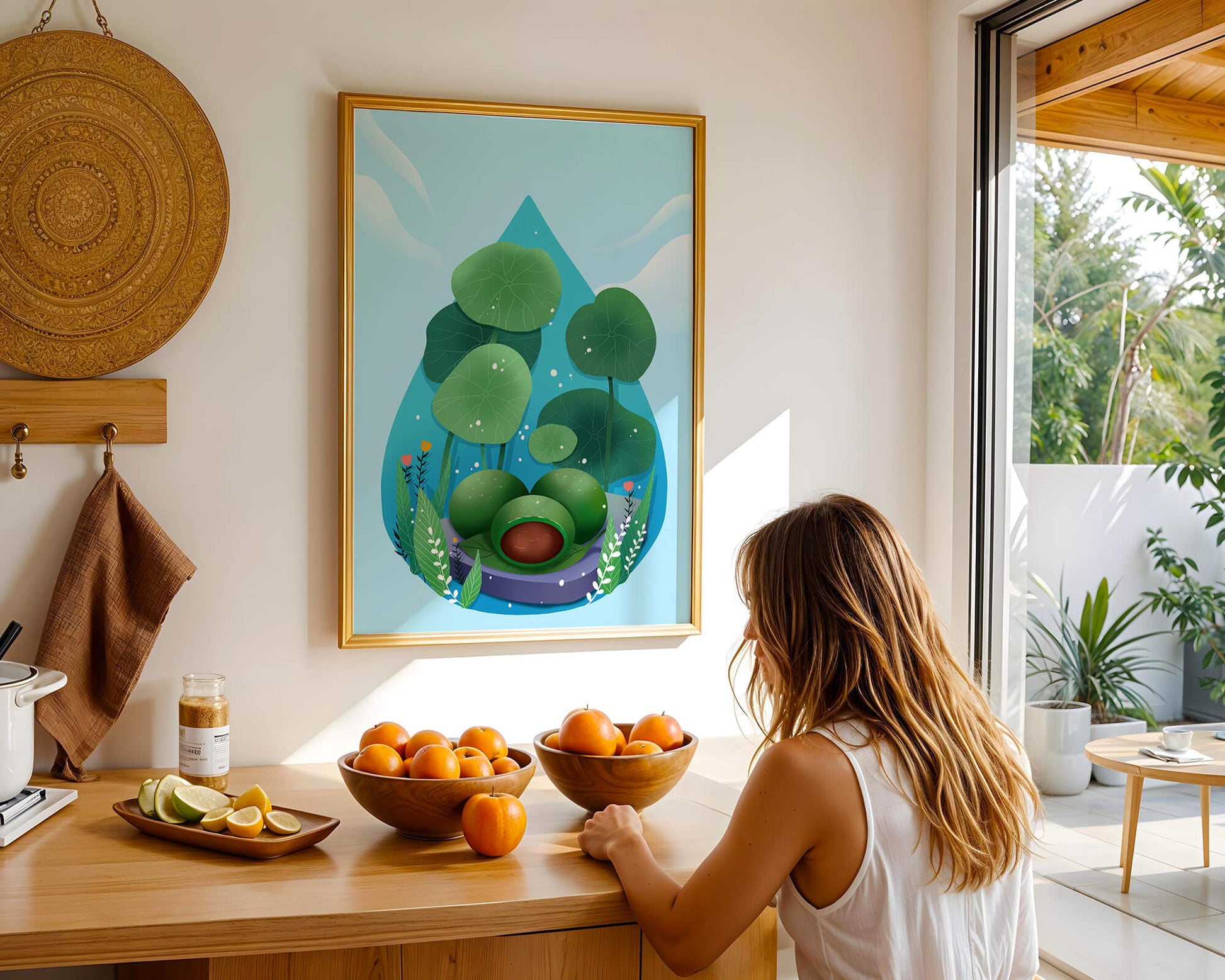 Nature-inspired abstract illustration with leaves and spheres