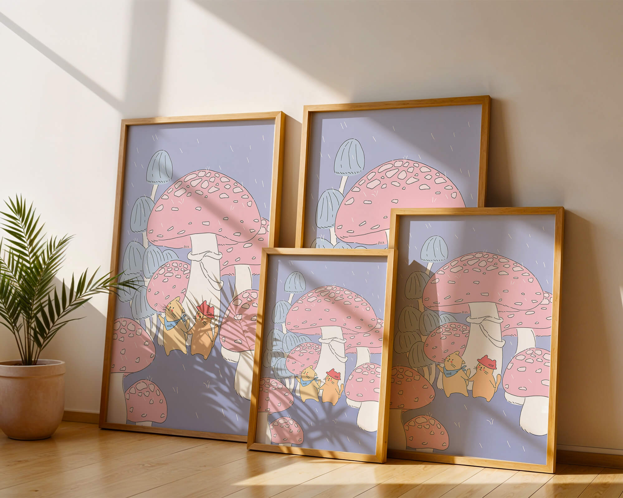 Charming illustration of cats among whimsical mushrooms