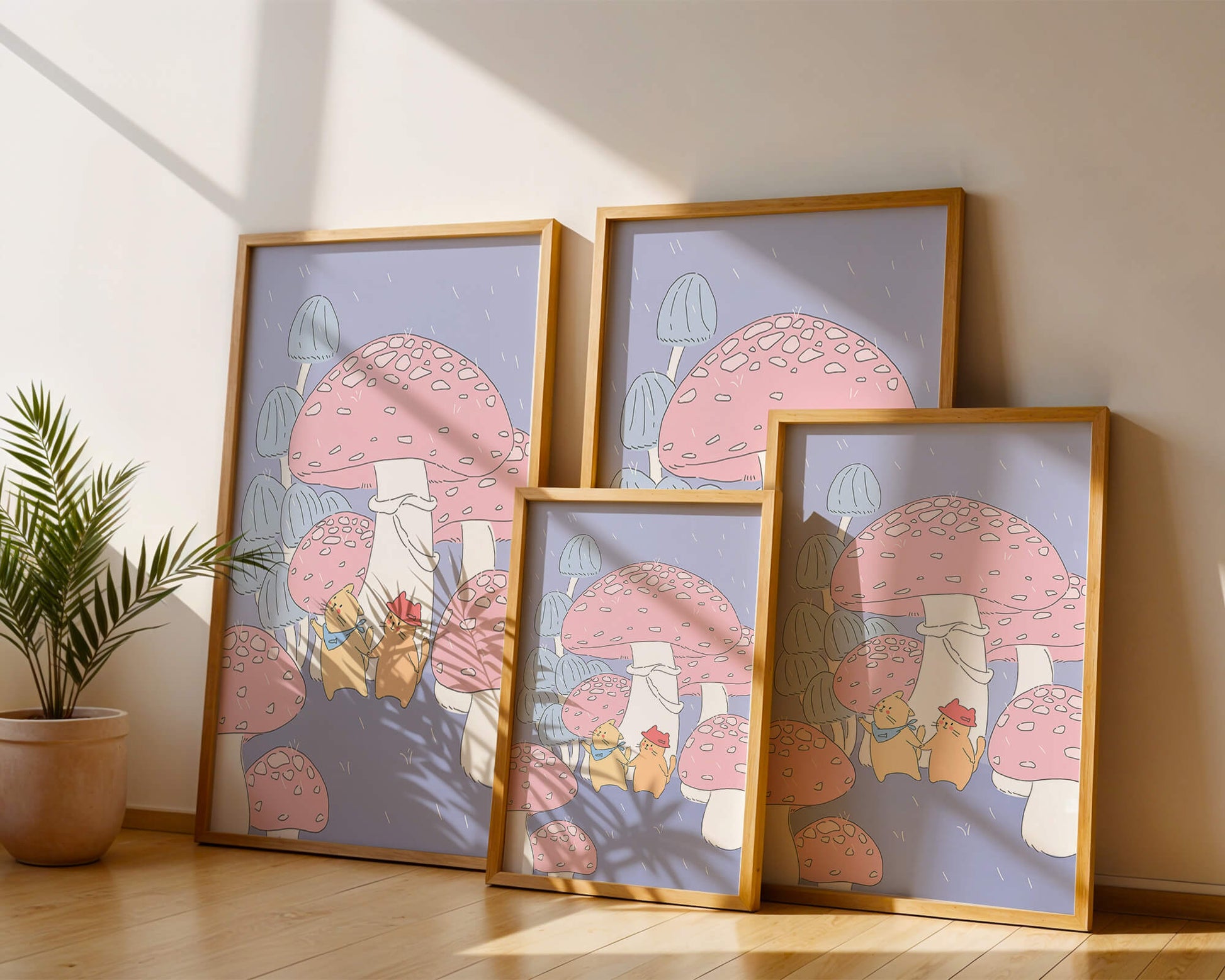 Charming illustration of cats among whimsical mushrooms