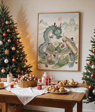 Dragon and Steamed Dumplings with Children in a Mountainous Landscape