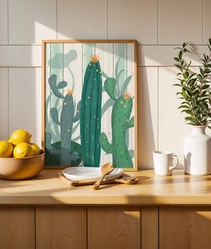 Colorful Cacti with Golden Elements on a Textured Background