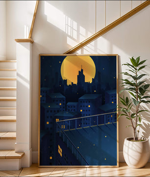 Stadtdach bei Nacht mit beleuchteten Fenstern und Vollmond