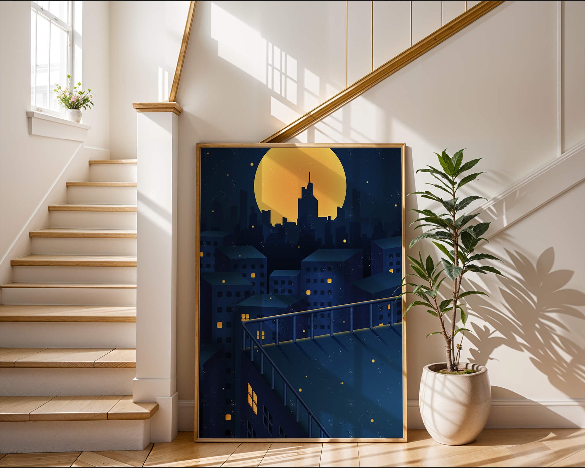 City Rooftop at Night with Illuminated Windows and Full Moon