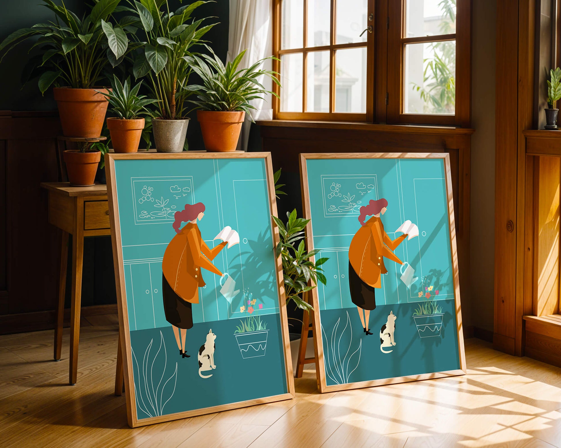 Mujer regando flores con un gato en un interior moderno