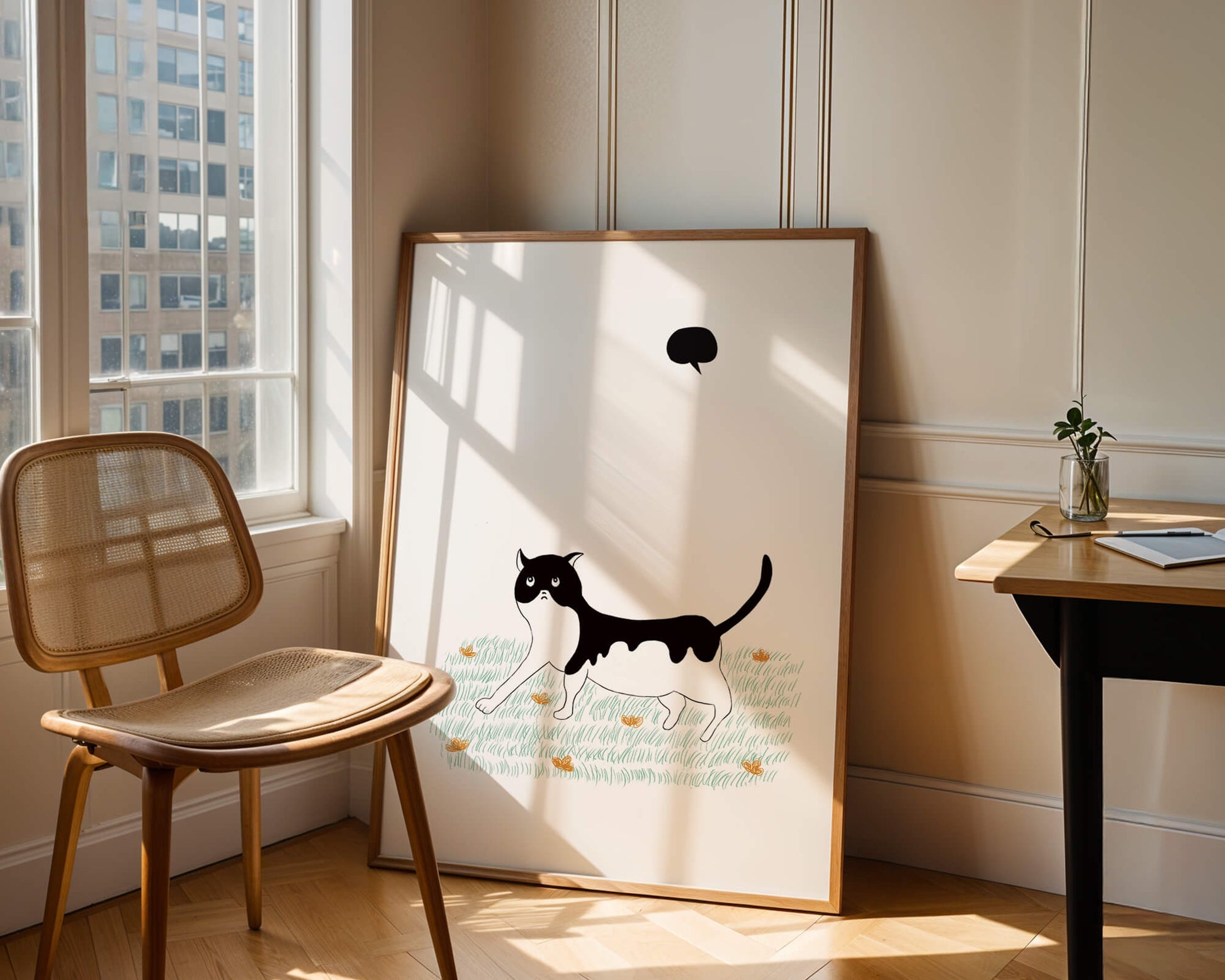 Whimsical cat illustration in field of flowers
