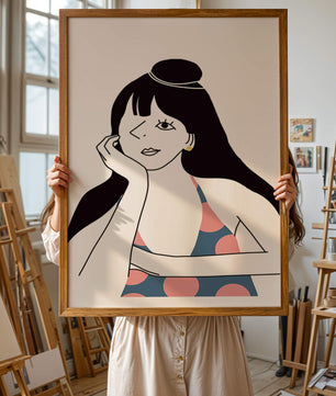 Elegant Minimalist Woman Portrait with Polka Dot Dress and Gold Earring - Mi tienda