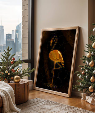 Elegant golden flamingo on abstract dark background