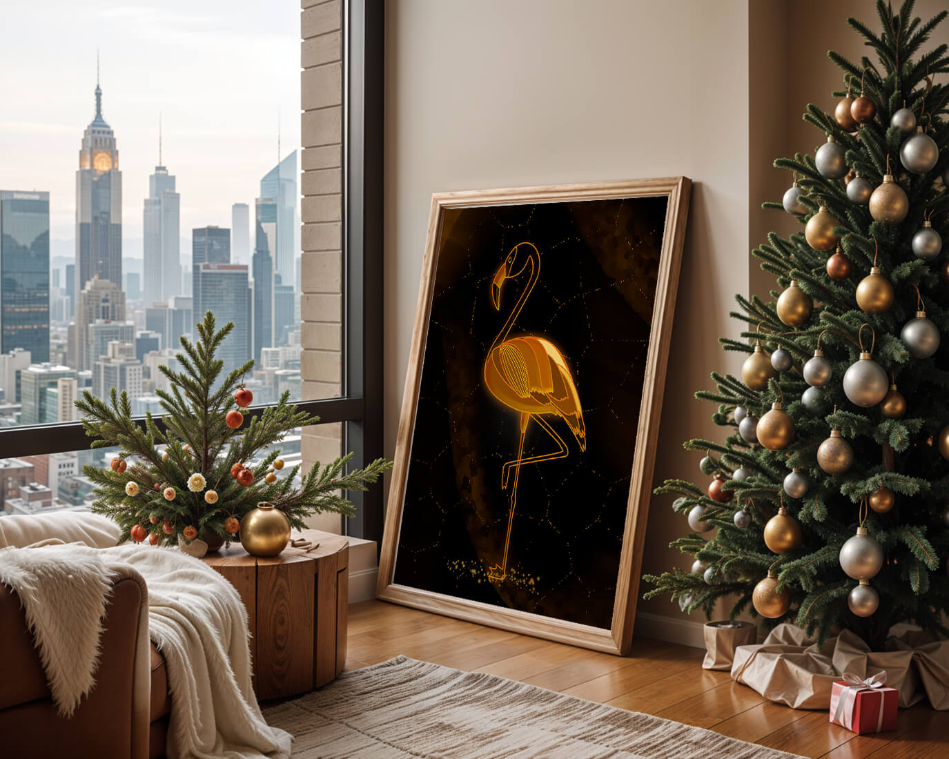 Elegant golden flamingo on abstract dark background